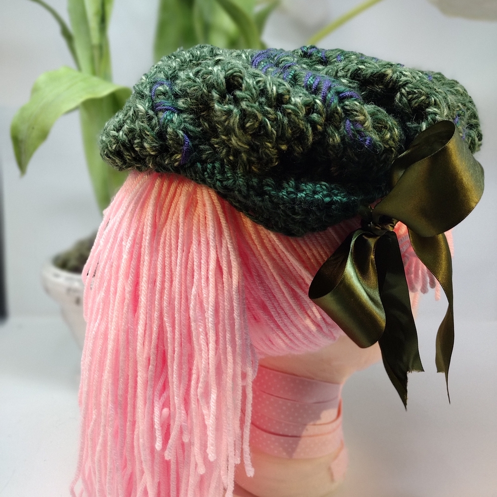 Hand-Knit Green Beret with Olive Satin Bow